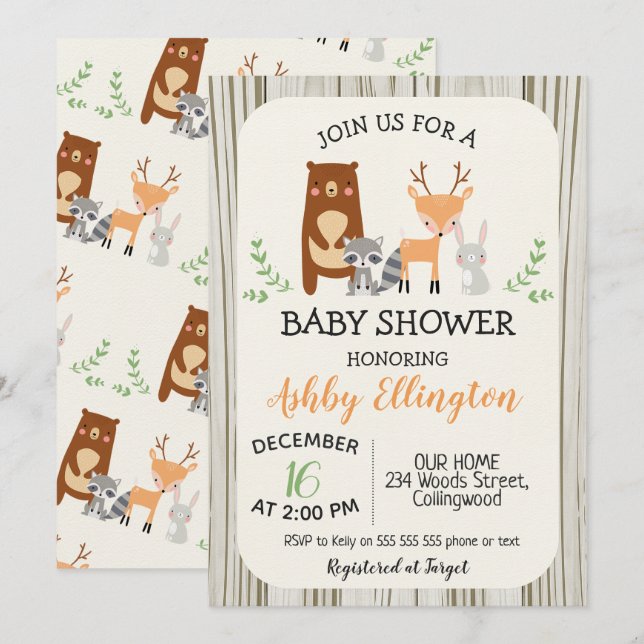 Animaux de bois mignons Invitation Baby shower (Devant / Derrière)