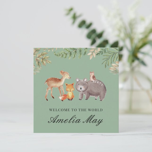 Animaux de bois personnalisés Nouvelle carte bébé (Debout devant)