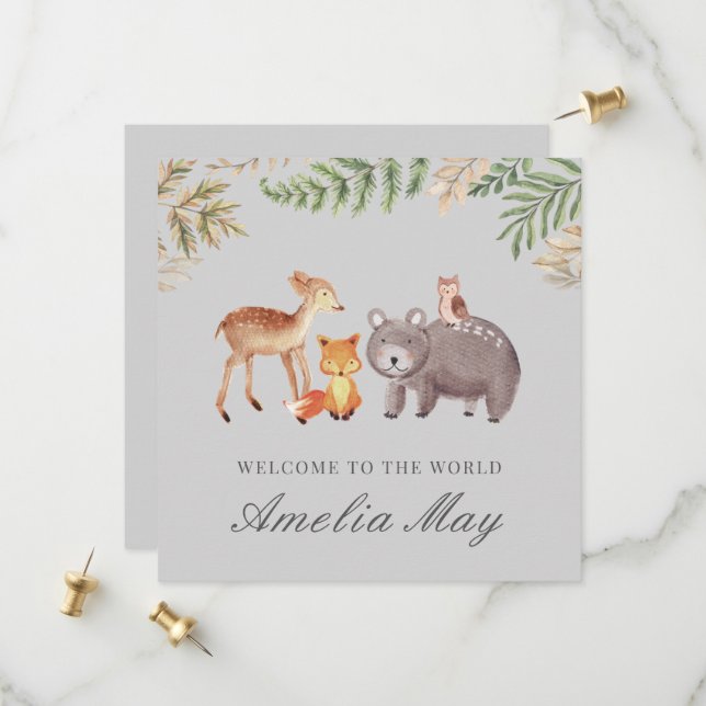 Animaux de bois personnalisés Nouvelle carte bébé (Devant/Arrière en situation)
