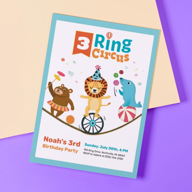Animaux de cirque à 3 anneaux Enfants Invitations  (Créateur téléchargé)