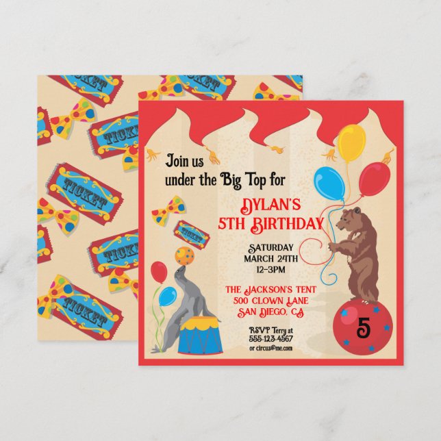 Animaux de cirque Carte d'invitation d'anniversair (Devant / Derrière)