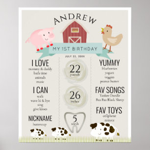 Animaux de ferme1er Anniversaire Jalon Poster beig