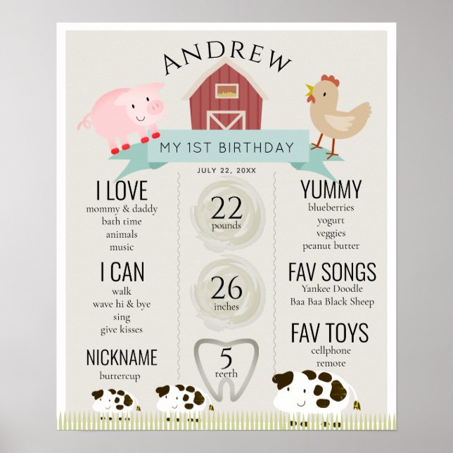 Animaux de ferme1er Anniversaire Jalon Poster beig (Devant)