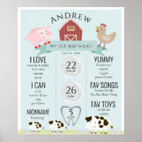 Animaux de ferme1er Anniversaire Jalon Poster bleu
