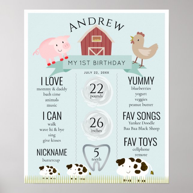 Animaux de ferme1er Anniversaire Jalon Poster bleu (Devant)