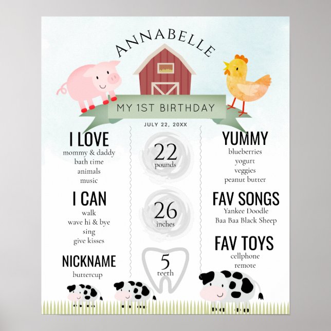 Animaux de ferme1er Anniversaire Poster de jalon (Devant)