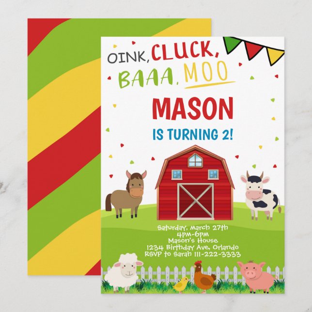 Animaux de ferme Barnyard Invitation d'anniversair (Devant / Derrière)