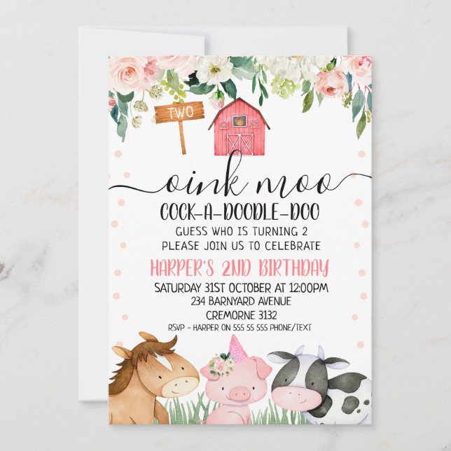Animaux de ferme Floral 2e anniversaire Invitation (Devant)