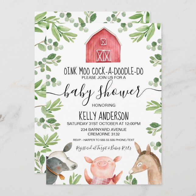 Animaux de ferme Invitation au Baby shower d'éleva (Devant / Derrière)