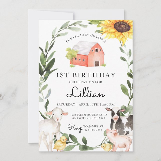 Animaux de ferme Invitation d'anniversaire avec to (Devant)