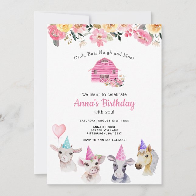 Animaux de ferme Invitation d'anniversaire fille (Devant)