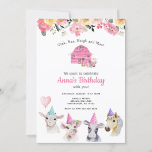 Animaux de ferme Invitation d'anniversaire fille