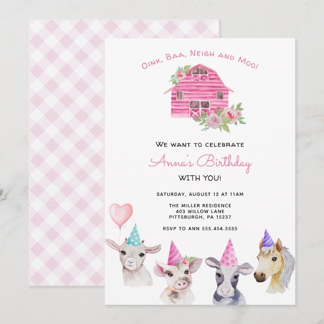 Animaux de ferme Invitation d'anniversaire fille (Devant / Derrière)