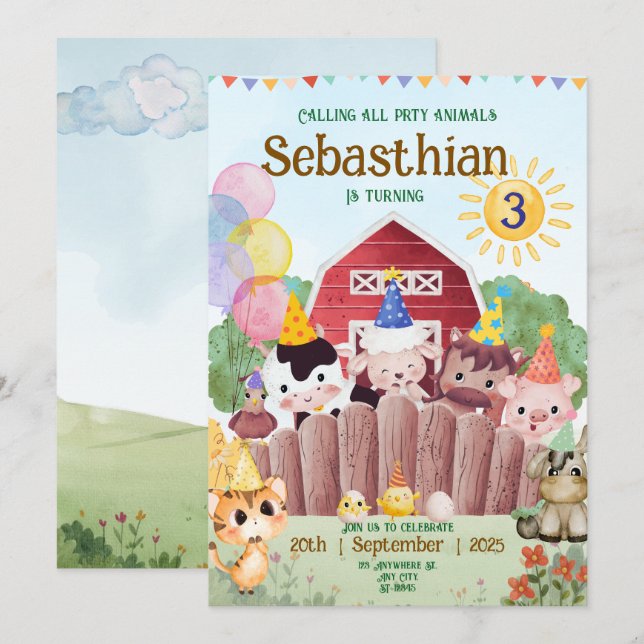 Animaux de ferme personnalisés Invitation de fête  (Devant / Derrière)