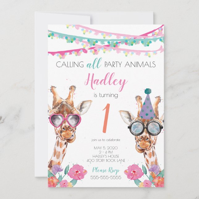 Animaux de fête 1er anniversaire Invitation de fêt (Devant)