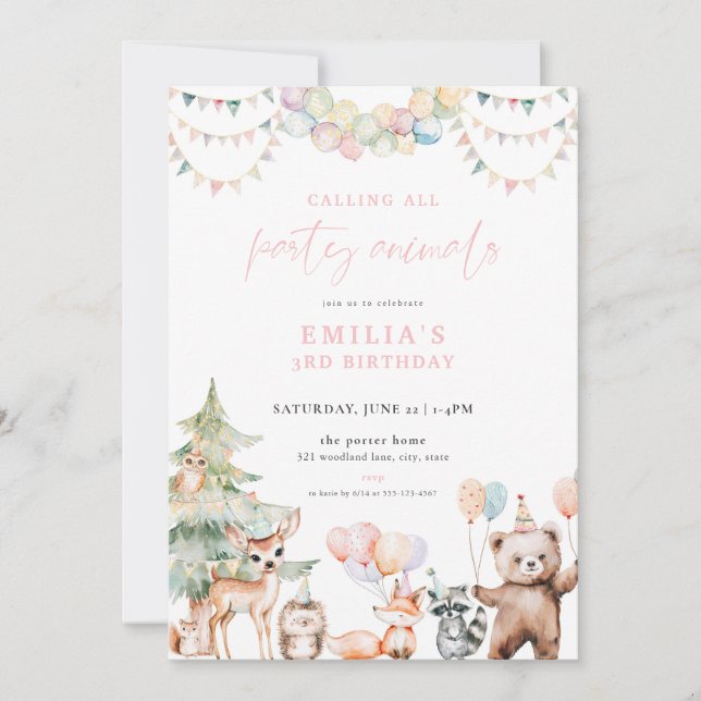 Animaux de fête de bois rose Invitation d'annivers (Devant)