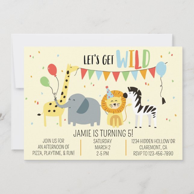 Animaux de fête de zoo sauvage Invitation d'annive (Devant)