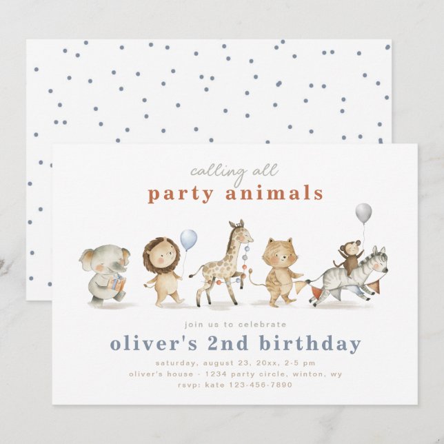 Animaux de fête Invitation d'anniversaire | Animau (Devant / Derrière)