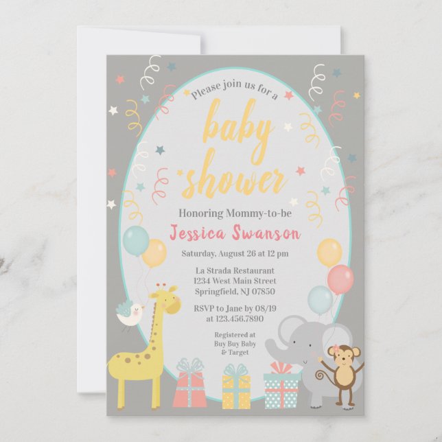 Animaux de fête mignonne Baby shower Invitation Ja (Devant)