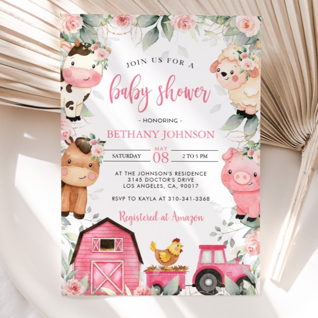 Animaux de la ferme rose florale Invitation Baby s (Créateur téléchargé)