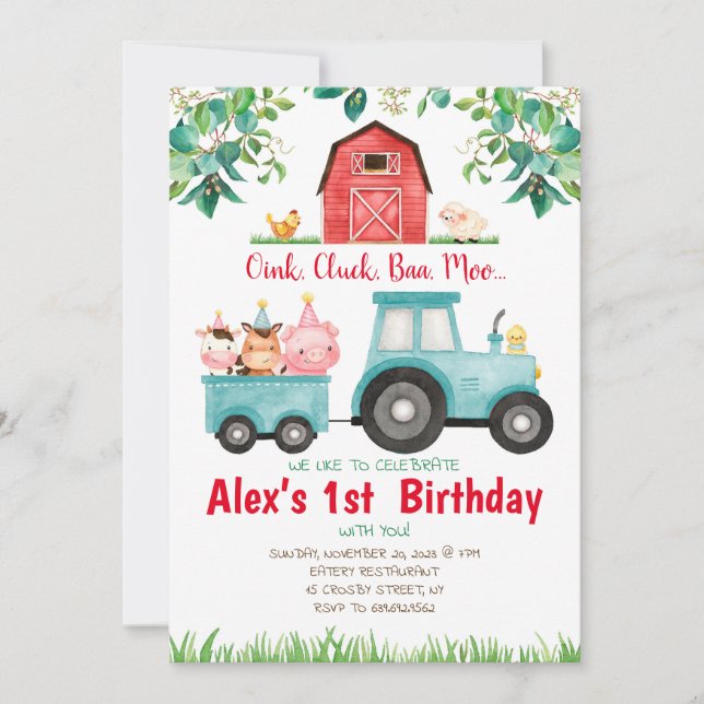 Animaux de la ferme rouge Brown Invitations d'anni (Devant)