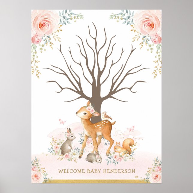 Animaux de la forêt Blush Bébé Livre d'or empreint (Devant)