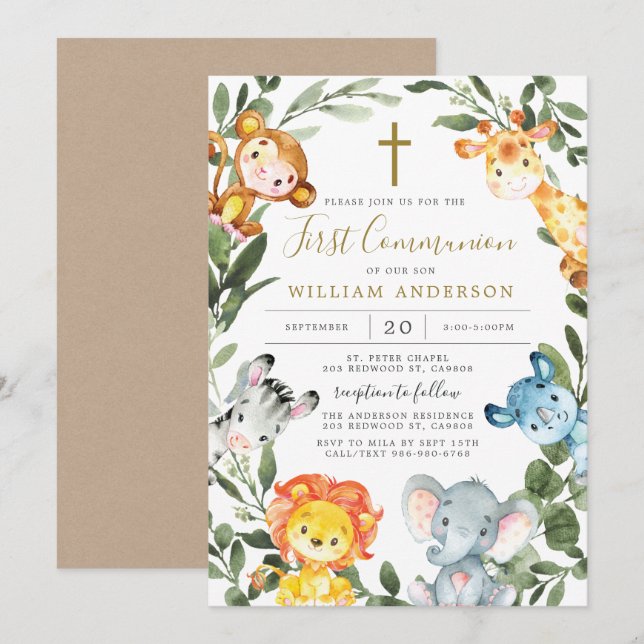 Animaux de la Jungle Première communion Invitation (Devant / Derrière)