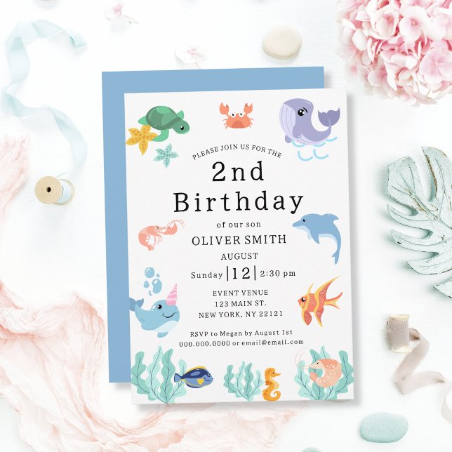 Animaux de mer Enfants 2e anniversaire Invitation (Sea Animals Kids 2nd Birthday Party Invitation)