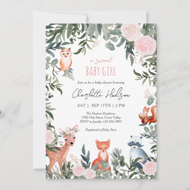 Animaux des bois Baby shower Invitation fille (Devant)