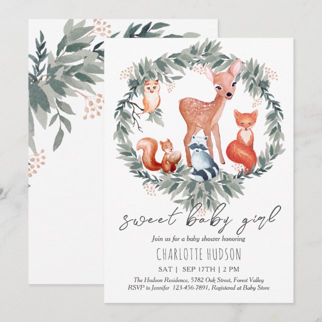 Animaux des bois Baby shower Invitation fille (Devant / Derrière)
