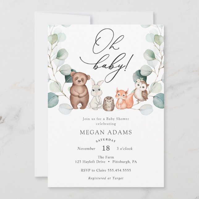 Animaux des bois Eucalyptus Baby shower invitation (Devant)
