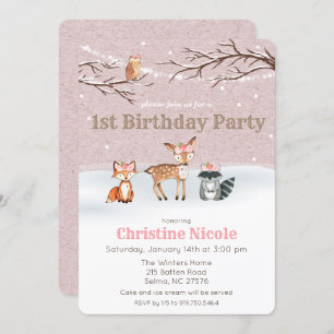 Animaux des bois Fille 1er anniversaire Invitation