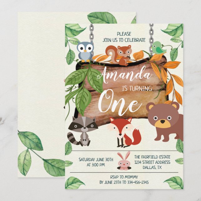 Animaux des bois Invitation d'anniversaire (Devant / Derrière)