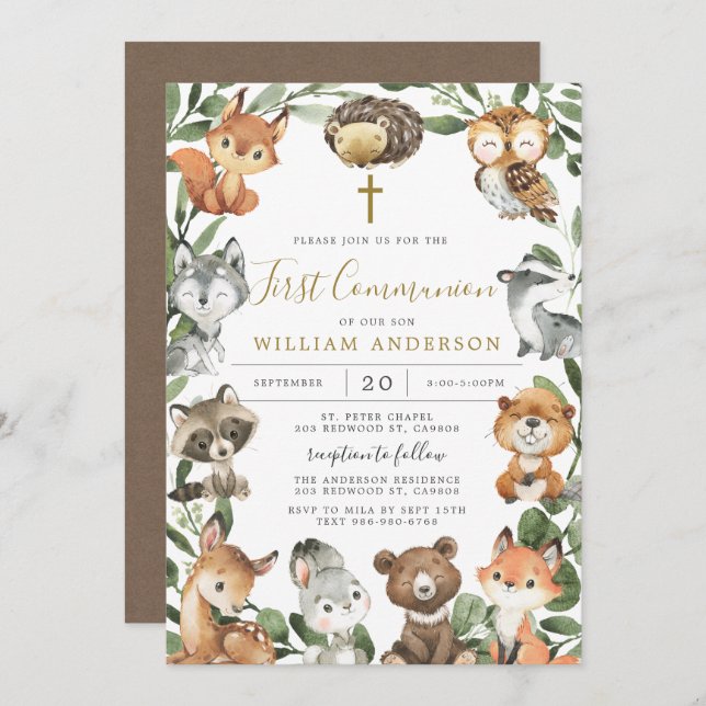 Animaux des bois Première communion Invitation (Devant / Derrière)