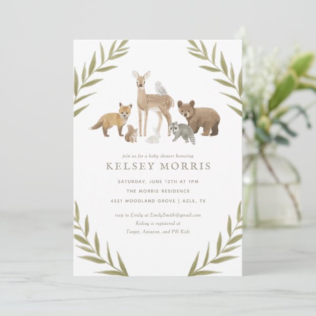 Animaux des bois Végétation Baby shower Invitation (Debout devant)