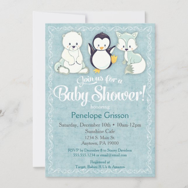 Animaux d'hiver Baby shower Invitation Ours Pengui (Devant)