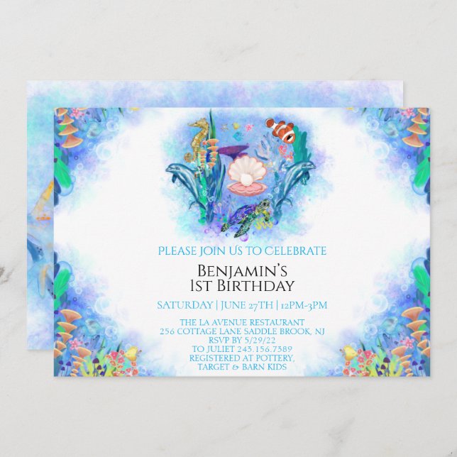 Animaux marins 1er anniversaire Invitation (Devant / Derrière)