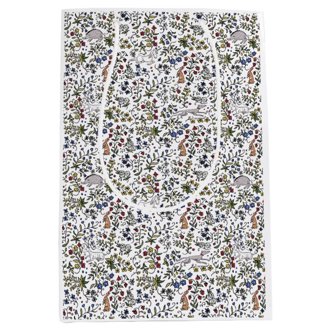 Animaux médiévaux mille fleurs blanc sac cadeau (Devant)