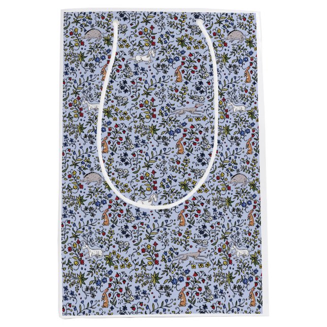 Animaux médiévaux mille fleurs sac cadeau bleu (Devant)