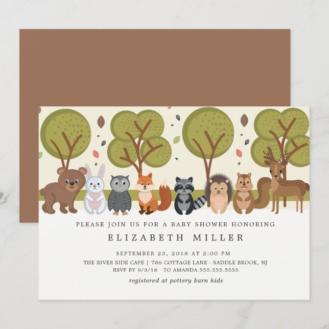 Animaux mignons Baby shower forestier Invitation (Devant / Derrière)