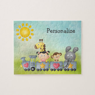 Animaux mignons et fille en train Puzzle