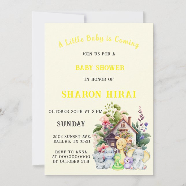 Animaux mignons Invitation Baby shower | jaune (Dos)