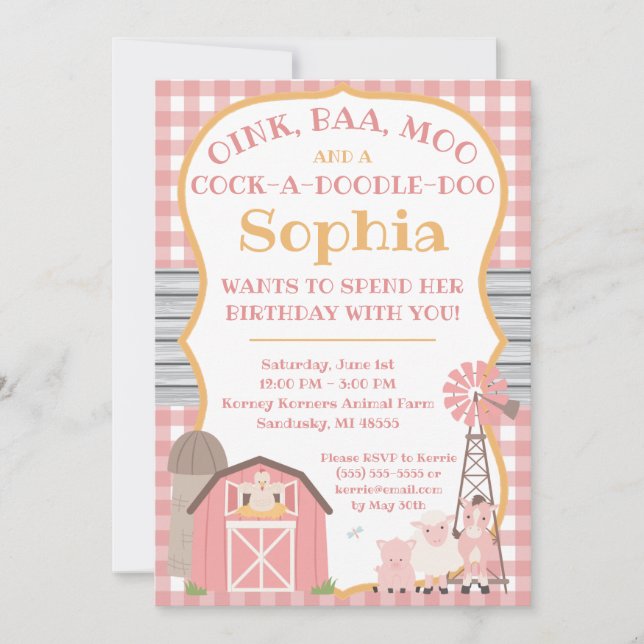 Animaux roses Barnyard Invitation Anniversaire (Devant)