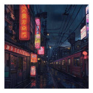 Anime Aesthetic City Street Night View with Train Poster