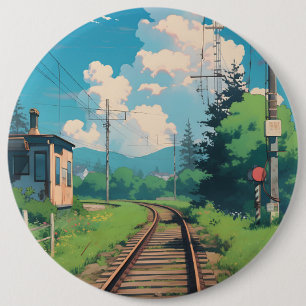 Anime Aesthetic Japan Countryside Train Tracks 6 Inch Round Button