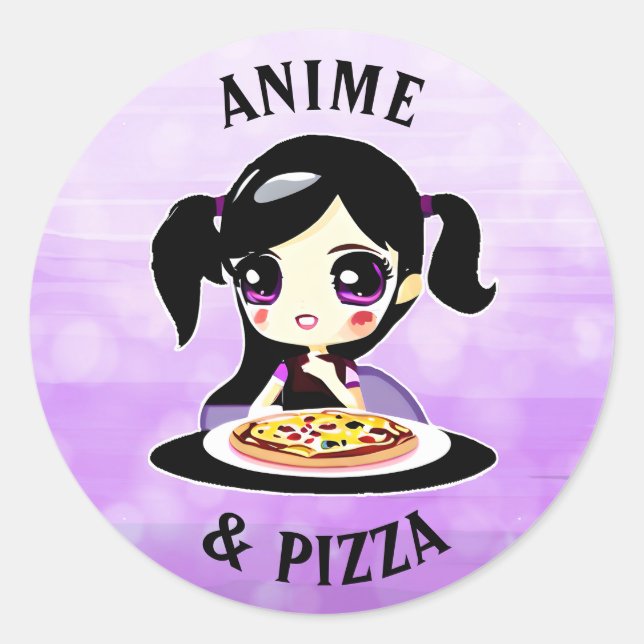 Anime and Pizza Black and Purple Cartoon Classic Round Sticker (Front)