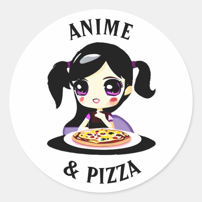 Anime and Pizza Black and Purple Cartoon Classic Round Sticker (Front)