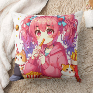 Anime Bliss: Girl, Potatoes, and Pet Throw Pillow