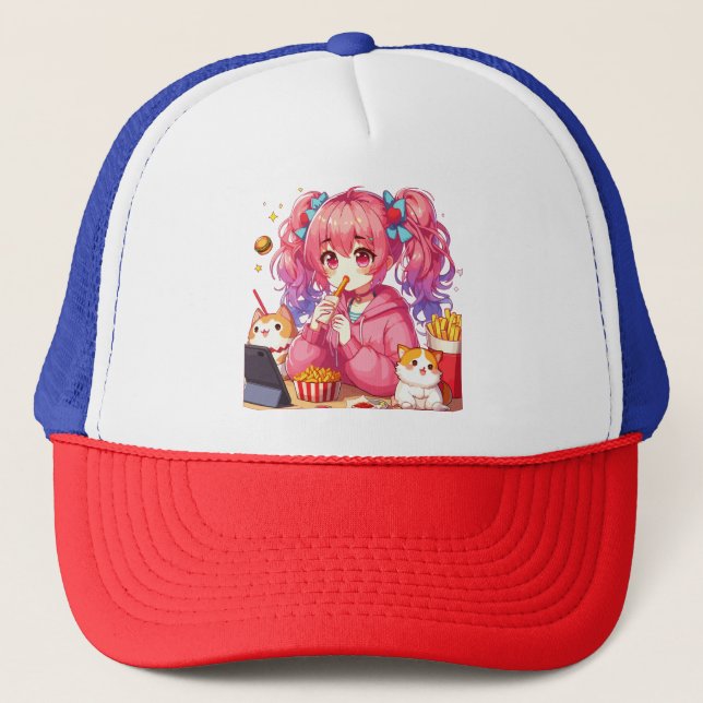 Anime Bliss: Girl, Potatoes, and Pet Trucker Hat (Front)