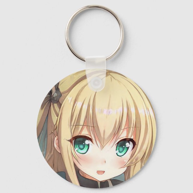 Anime blonde-haired girl emerald green eyes keychain (Front)